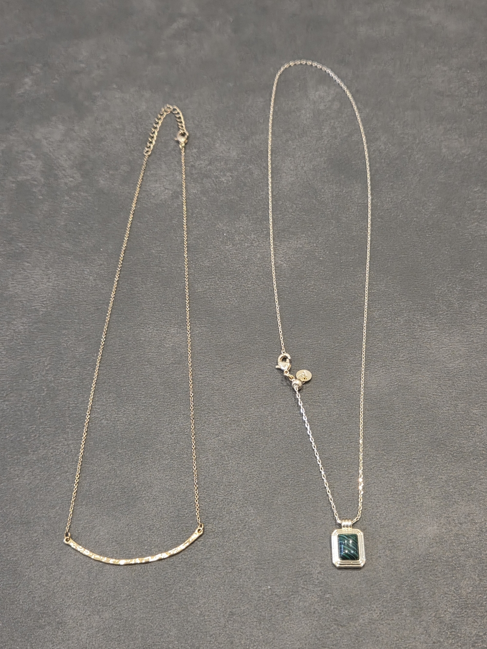 Gold-Tone Bar Necklace and Green Pendant Necklace - Elegant Layering Pair